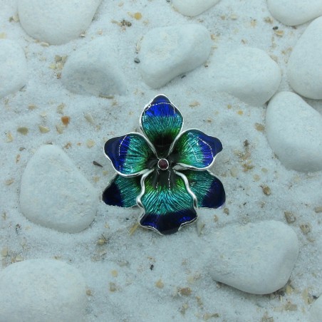 Zilveren hanger en broche orchidee blauw met robijn