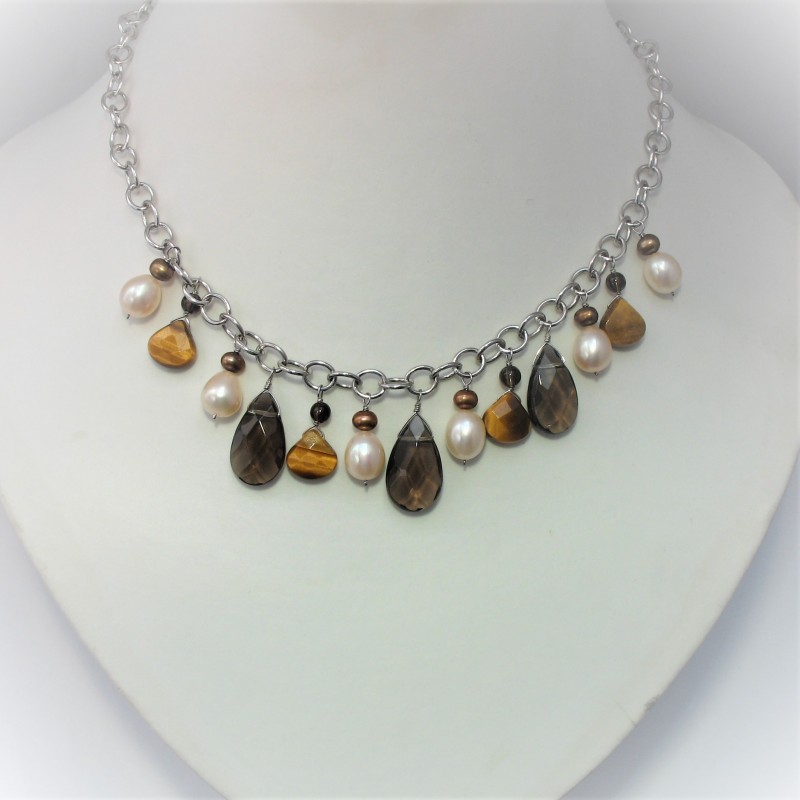 Ketting met zoetwaterparels, rookkwarts en tijgeroog