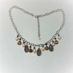 Ketting met zoetwaterparels, rookkwarts en tijgeroog